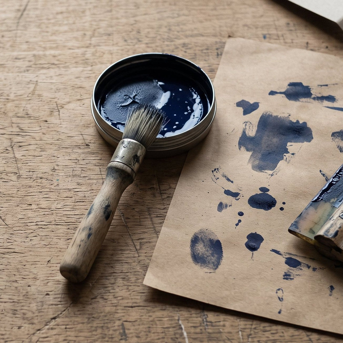 Encre, pinceau et pochoir sur un établi. Visuel d'ambiance généré par IA, sans valeur documentaire.
