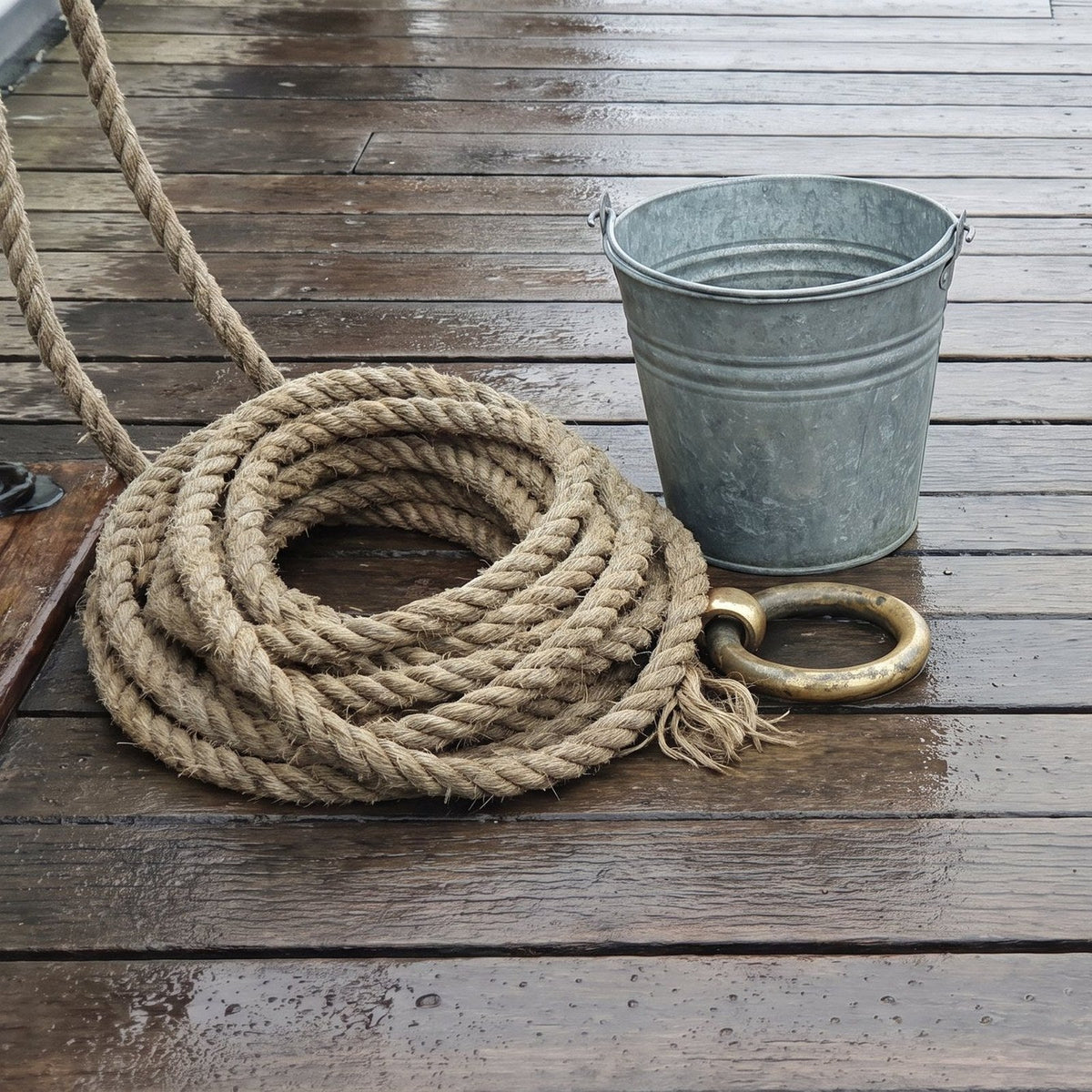 Cordage lové et seau galvanisé sur un pont mouillé. Visuel d'ambiance généré par IA, sans valeur documentaire.