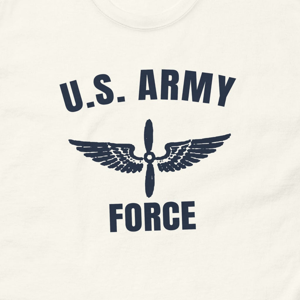 T-shirt blanc imprimé U.S. Army Air Force à l'hélice ailée, reproduction WW2, gros plan du marquage