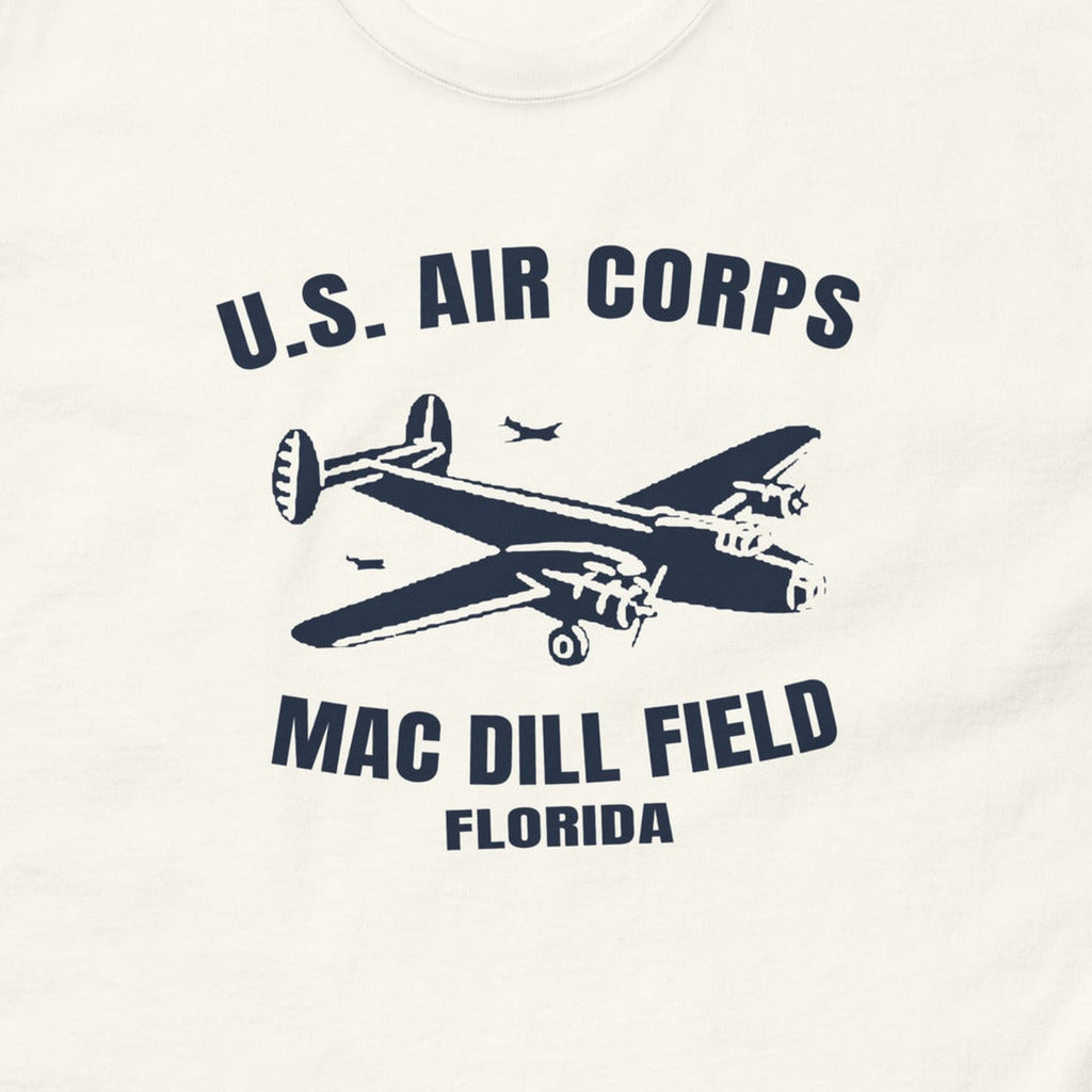 T-shirt blanc imprimé U.S. Air Corps MacDill Field, Floride, au bombardier bimoteur, reproduction WW2, gros plan du marquage