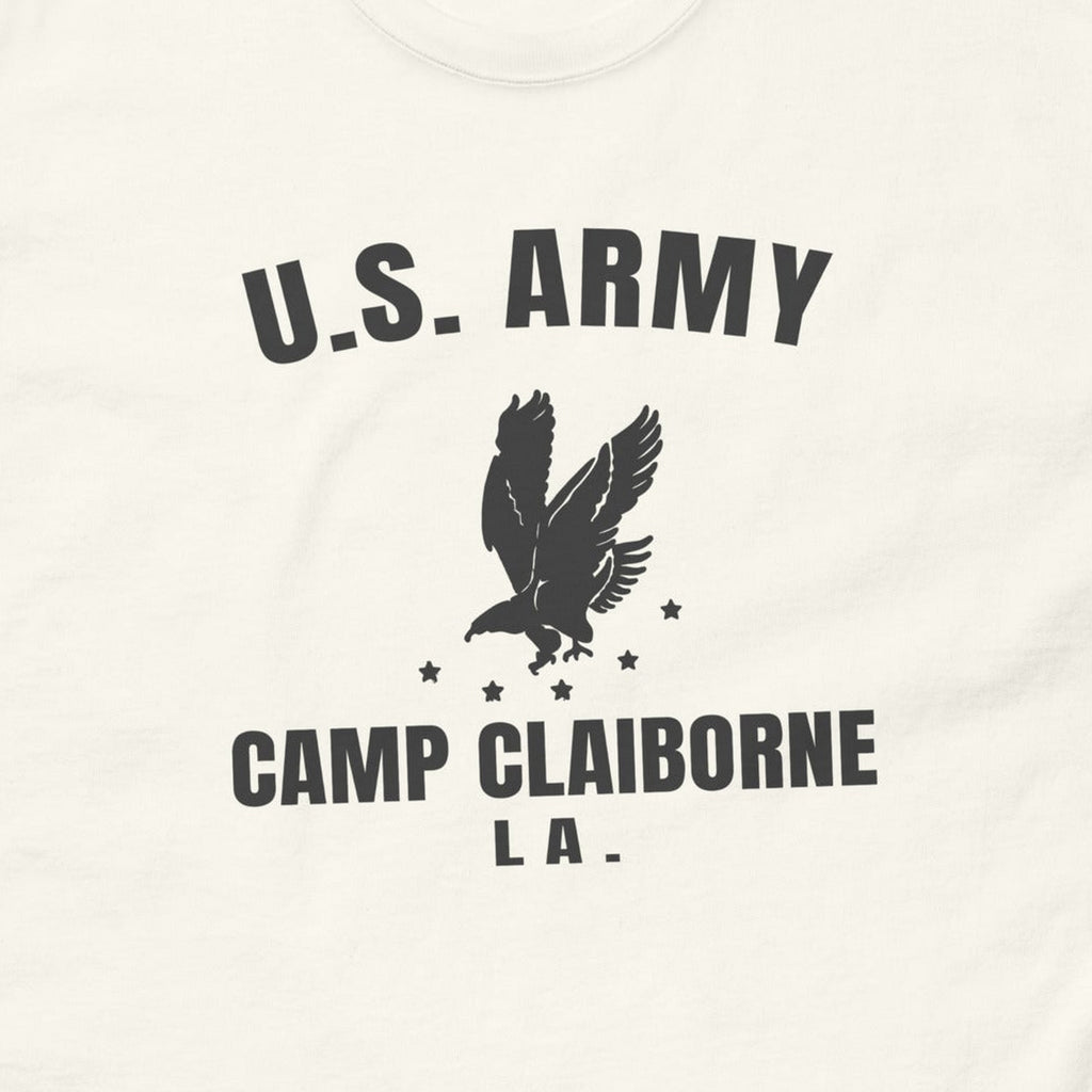 T-shirt blanc imprimé U.S. ARMY Camp Claiborne, Louisiane, à l'aigle, reproduction WW2, gros plan du marquage