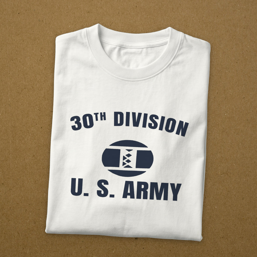 T-shirt blanc imprimé 30TH DIVISION U.S. ARMY au monogramme Old Hickory, reproduction WW2, t-shirt plié
