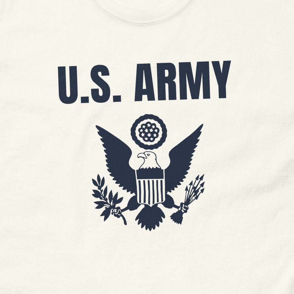 T-shirt blanc imprimé U.S. ARMY au grand sceau des États-Unis, reproduction WW2, gros plan du marquage