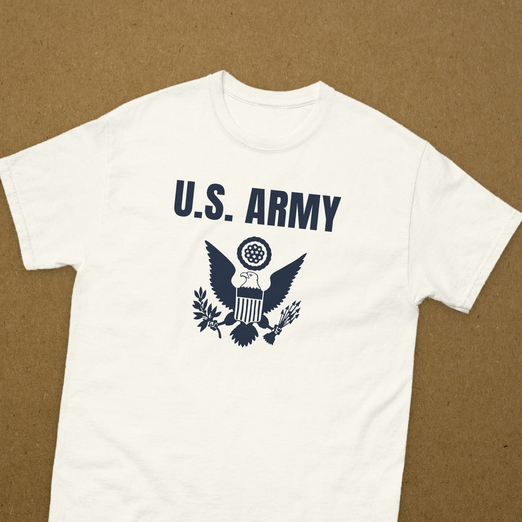 T-shirt blanc imprimé U.S. ARMY au grand sceau des États-Unis, reproduction WW2, vue rapprochée