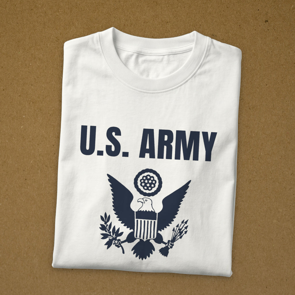 T-shirt blanc imprimé U.S. ARMY au grand sceau des États-Unis, reproduction WW2, t-shirt plié